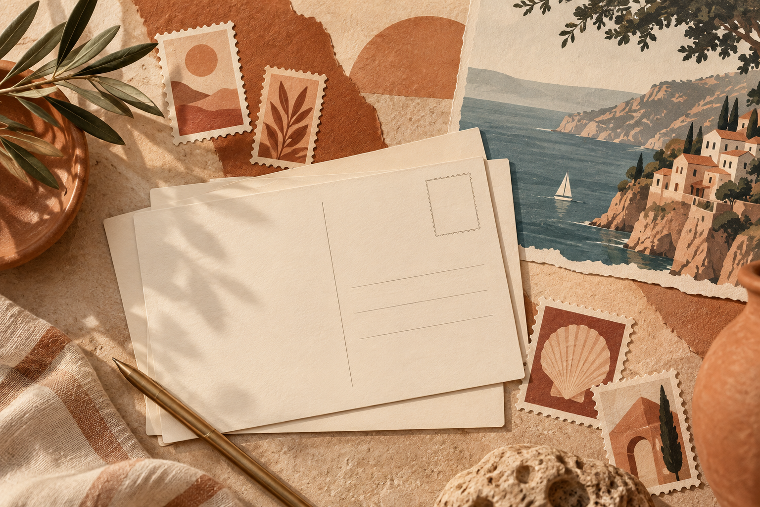blank postcards, terracotta postage-inspired shapes and fictional coastal illustration, editorial paper collage, no readable writing